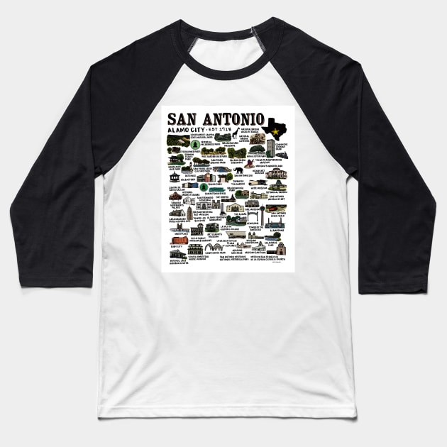 San Antonio Map Baseball T-Shirt by fiberandgloss